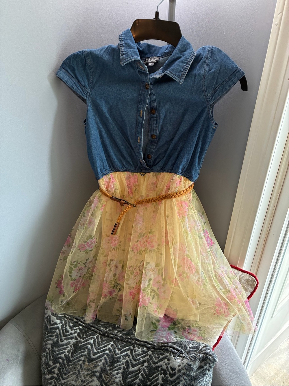 Denim-Top Yellow Floral Tulle Kids Dress